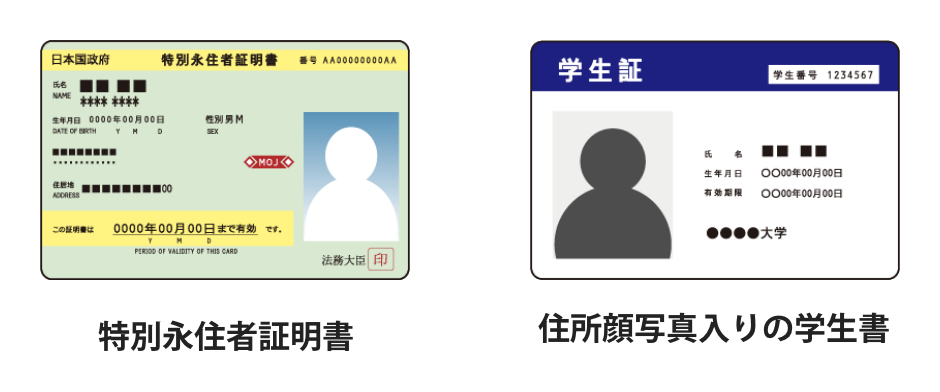 特別永住者証明書・住所顔写真⼊りの学⽣書